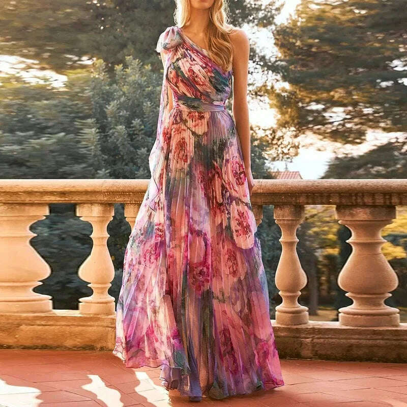 Sexy Summer Party Dress Women Fashion Bow Straps High Waist Pleated Beach Dress Chiffon Casual Floral Print Bohemian Long Dress - KIMLUD
