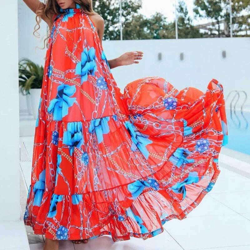 Sexy Summer Party Dress Women Fashion Bow Straps High Waist Pleated Beach Dress Chiffon Casual Floral Print Bohemian Long Dress - KIMLUD