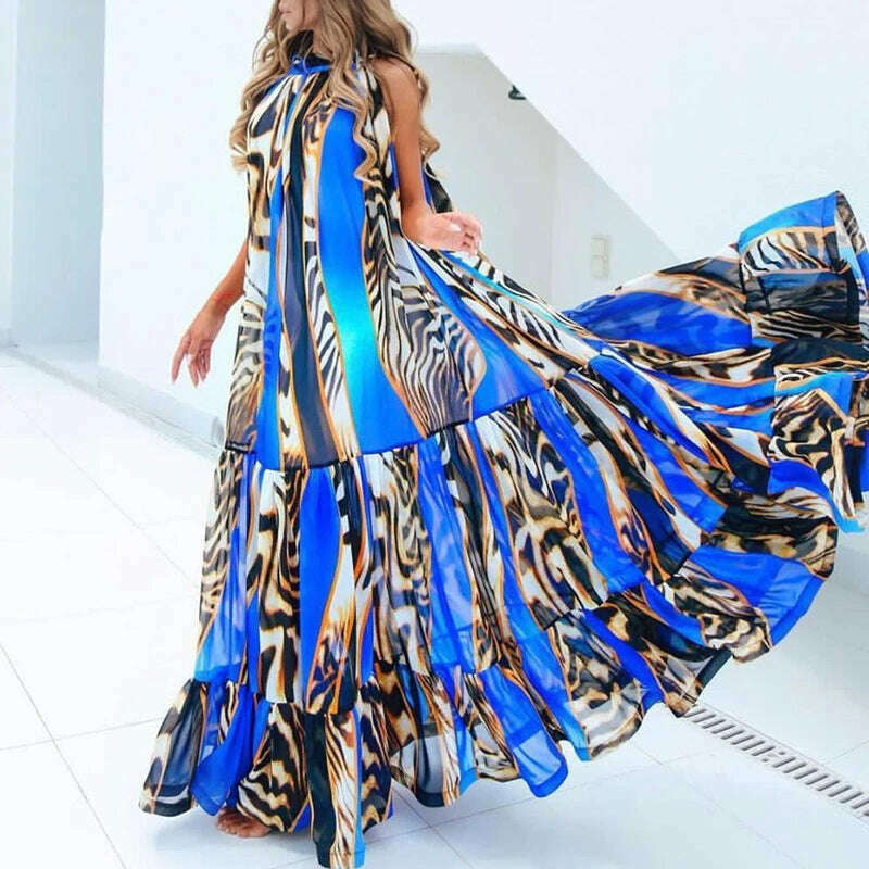 Sexy Summer Party Dress Women Fashion Bow Straps High Waist Pleated Beach Dress Chiffon Casual Floral Print Bohemian Long Dress - KIMLUD