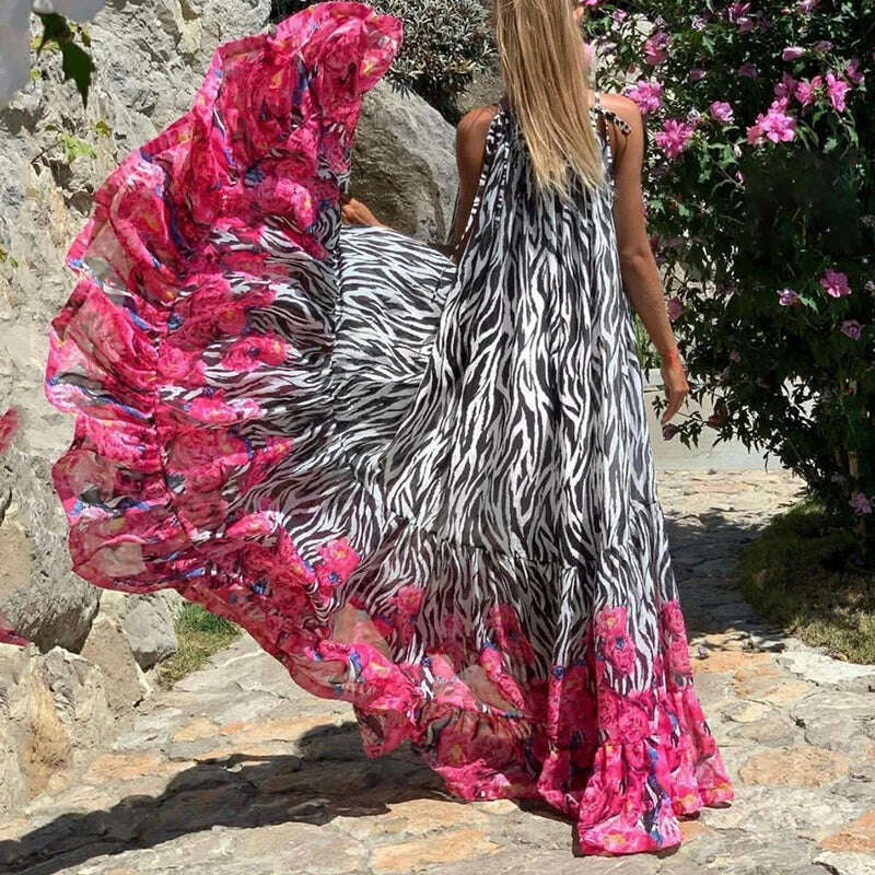 Sexy Summer Party Dress Women Fashion Bow Straps High Waist Pleated Beach Dress Chiffon Casual Floral Print Bohemian Long Dress - KIMLUD