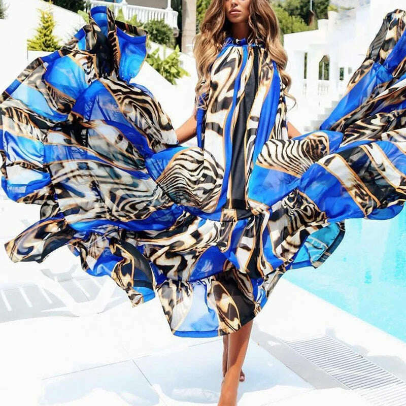 Sexy Summer Party Dress Women Fashion Bow Straps High Waist Pleated Beach Dress Chiffon Casual Floral Print Bohemian Long Dress - KIMLUD