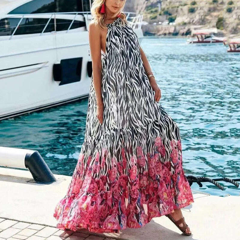 Sexy Summer Party Dress Women Fashion Bow Straps High Waist Pleated Beach Dress Chiffon Casual Floral Print Bohemian Long Dress - KIMLUD