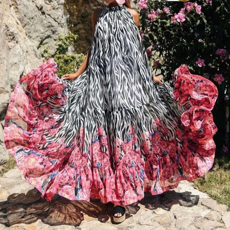 Sexy Summer Party Dress Women Fashion Bow Straps High Waist Pleated Beach Dress Chiffon Casual Floral Print Bohemian Long Dress - KIMLUD
