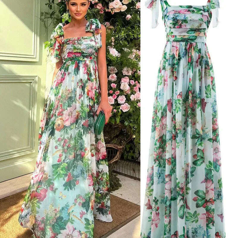 Sexy Summer Party Dress Women Fashion Bow Straps High Waist Pleated Beach Dress Chiffon Casual Floral Print Bohemian Long Dress - KIMLUD
