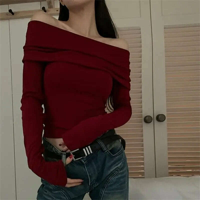 KIMLUD, Sexy Tops Off Shoulder Long Sleeve Crop Top Women's Autumn/Winter 2023 New Spicy Girl Slim Fit Short Red T-shirt, KIMLUD Womens Clothes