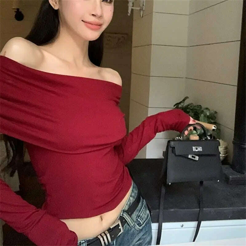 KIMLUD, Sexy Tops Off Shoulder Long Sleeve Crop Top Women's Autumn/Winter 2023 New Spicy Girl Slim Fit Short Red T-shirt, KIMLUD Womens Clothes