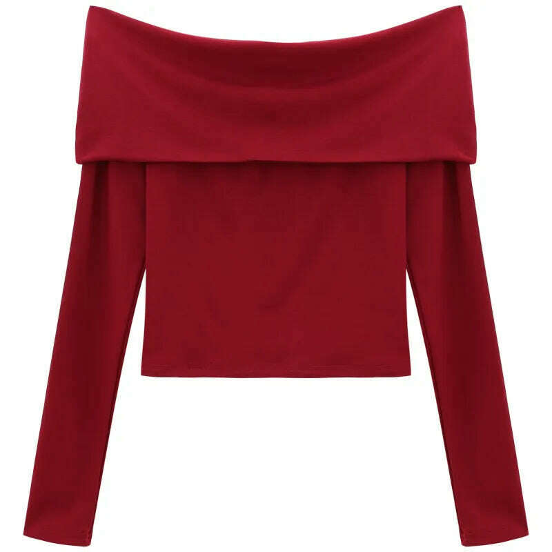 KIMLUD, Sexy Tops Off Shoulder Long Sleeve Crop Top Women's Autumn/Winter 2023 New Spicy Girl Slim Fit Short Red T-shirt, Red / L, KIMLUD Women's Clothes