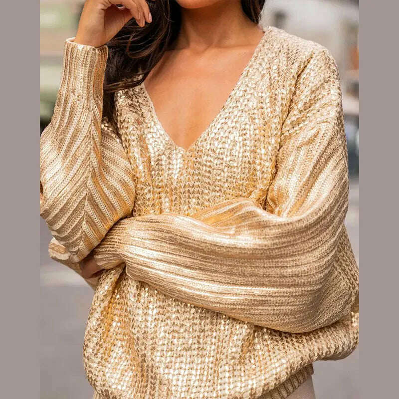 KIMLUD, Sexy V-neck Bright Color Sweater For Women Fashion Loose Long Sleeve Jumper Chic Warm Highstreet Pullover 2023 Autumn Winter, A / S, KIMLUD APPAREL - Womens Clothes
