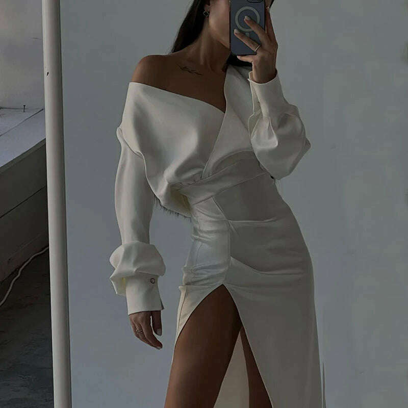 KIMLUD, Sexy V Neck Long Sleeve Bodycon Midi Dress Women Ruched Wrap High Slit Party Vestido 2023 Spring Fall Harajuku Y2K Clothes, KIMLUD Women's Clothes