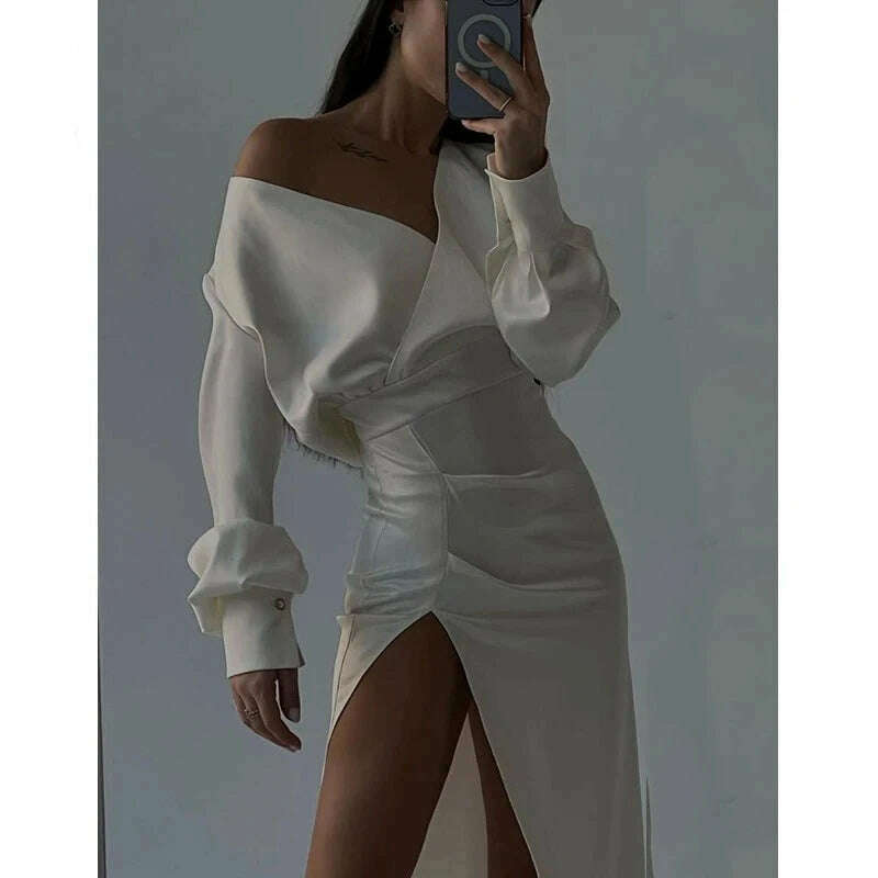 KIMLUD, Sexy V Neck Long Sleeve Bodycon Midi Dress Women Ruched Wrap High Slit Party Vestido 2023 Spring Fall Harajuku Y2K Clothes, KIMLUD Womens Clothes