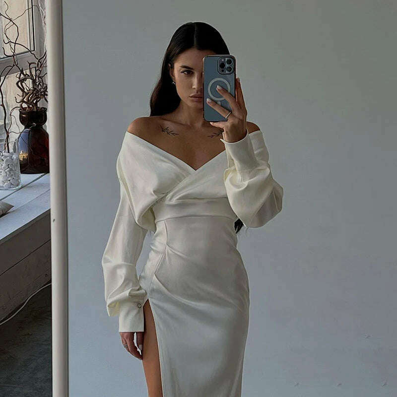 KIMLUD, Sexy V Neck Long Sleeve Bodycon Midi Dress Women Ruched Wrap High Slit Party Vestido 2023 Spring Fall Harajuku Y2K Clothes, KIMLUD Womens Clothes