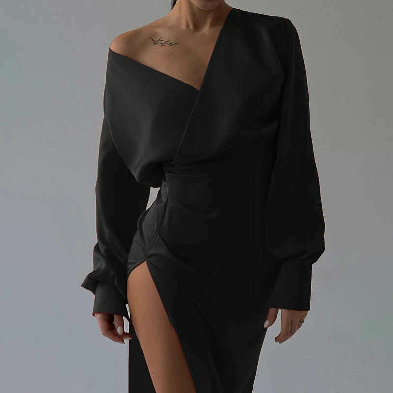 KIMLUD, Sexy V Neck Long Sleeve Bodycon Midi Dress Women Ruched Wrap High Slit Party Vestido 2023 Spring Fall Harajuku Y2K Clothes, KIMLUD Women's Clothes