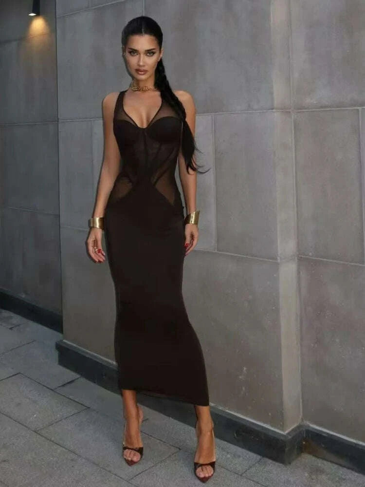 Sexy V Neck Mesh Patchwork See Though Midi Dress Women Brown Sleeveless Bodycon Dresses Runway Celebrity Evening Party Gowns