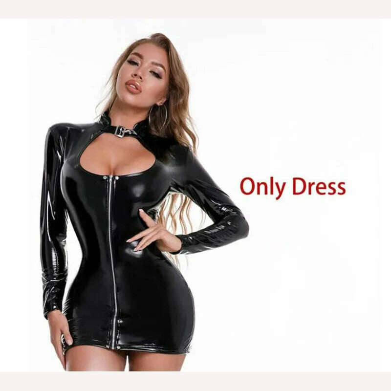 KIMLUD, Sexy Wetlook Patent Leather Dress Women Short Mini Bodycon Breast Exposing Slim PVC Latex Nightclub Dresses with Stocking, Style-1 Black-A / S-M, KIMLUD Womens Clothes