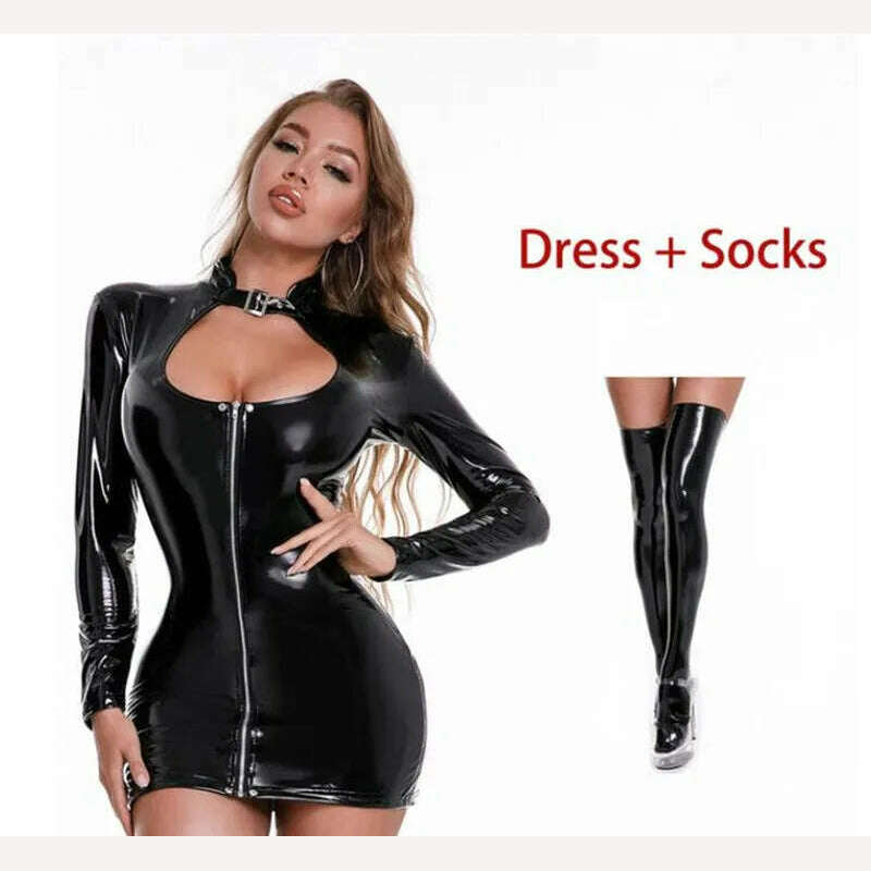 KIMLUD, Sexy Wetlook Patent Leather Dress Women Short Mini Bodycon Breast Exposing Slim PVC Latex Nightclub Dresses with Stocking, Style-1 Black-B / S-M, KIMLUD Womens Clothes