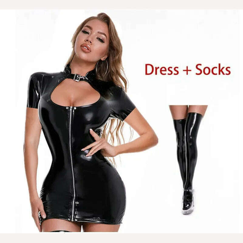 KIMLUD, Sexy Wetlook Patent Leather Dress Women Short Mini Bodycon Breast Exposing Slim PVC Latex Nightclub Dresses with Stocking, Style-2 Black-B / S-M, KIMLUD Womens Clothes