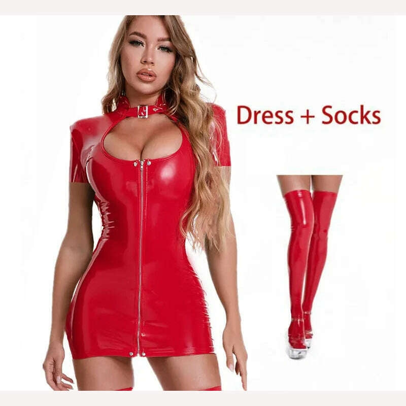 KIMLUD, Sexy Wetlook Patent Leather Dress Women Short Mini Bodycon Breast Exposing Slim PVC Latex Nightclub Dresses with Stocking, Style-2 Red-B / S-M, KIMLUD Womens Clothes