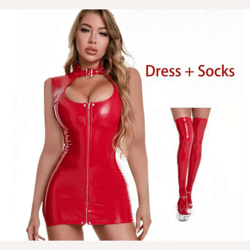 KIMLUD, Sexy Wetlook Patent Leather Dress Women Short Mini Bodycon Breast Exposing Slim PVC Latex Nightclub Dresses with Stocking, Style-3 Red-B / S-M, KIMLUD Womens Clothes