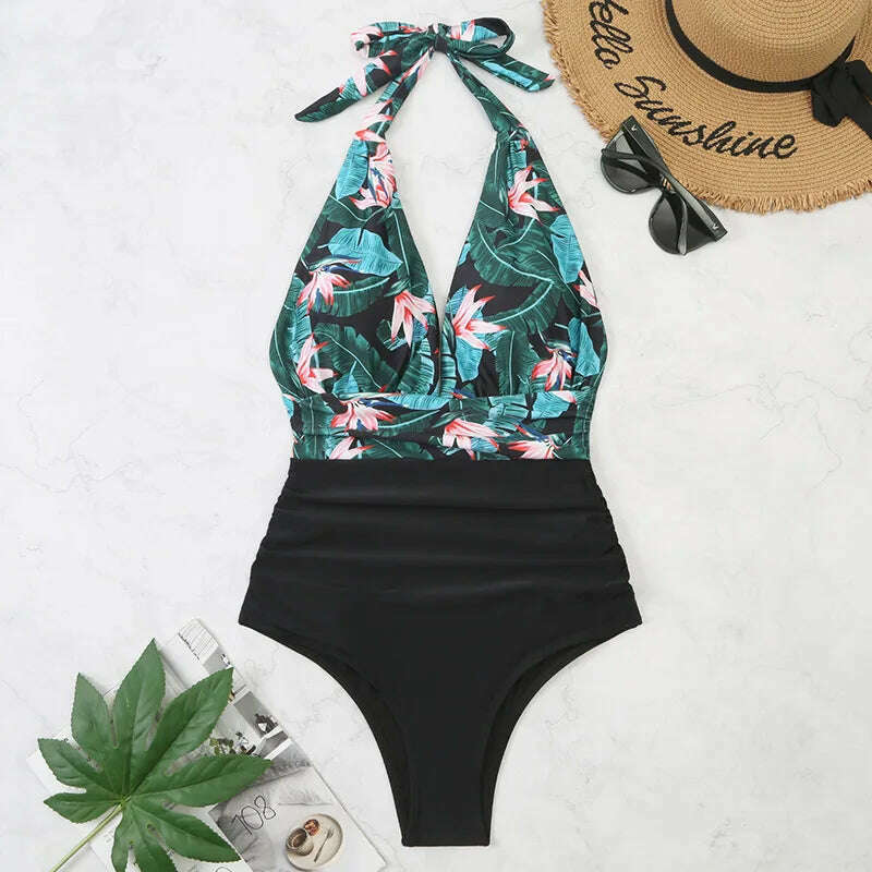 Sexy Women Bikini Simple Halter Splicing Solid Sleeveless Halter one-piece Deep V-neck swimsuit Classic Elegant Lace-up swimwear - KIMLUD