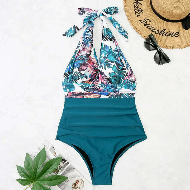 Sexy Women Bikini Simple Halter Splicing Solid Sleeveless Halter one-piece Deep V-neck swimsuit Classic Elegant Lace-up swimwear - KIMLUD