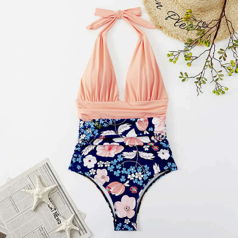 Sexy Women Bikini Simple Halter Splicing Solid Sleeveless Halter one-piece Deep V-neck swimsuit Classic Elegant Lace-up swimwear - KIMLUD