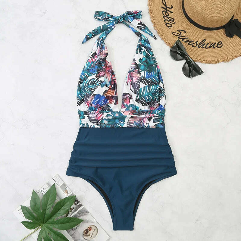 Sexy Women Bikini Simple Halter Splicing Solid Sleeveless Halter one-piece Deep V-neck swimsuit Classic Elegant Lace-up swimwear - KIMLUD