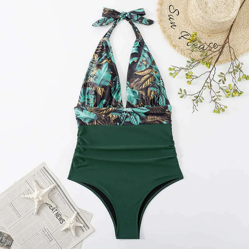 Sexy Women Bikini Simple Halter Splicing Solid Sleeveless Halter one-piece Deep V-neck swimsuit Classic Elegant Lace-up swimwear - KIMLUD