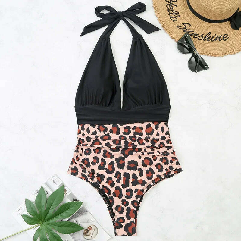 Sexy Women Bikini Simple Halter Splicing Solid Sleeveless Halter one-piece Deep V-neck swimsuit Classic Elegant Lace-up swimwear - KIMLUD