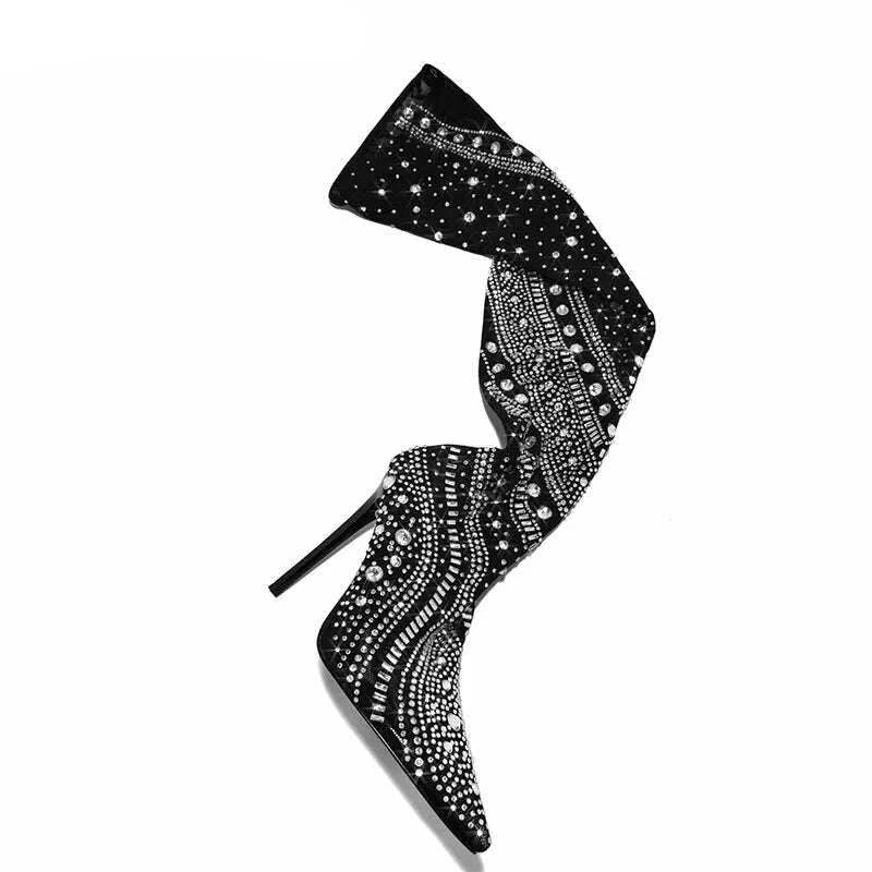 KIMLUD, Sexy Women Black Crystal Embellished Over The Knee Boots Luxury Winter Stretch Thigh High Boots Party Shoes Woman Botas Mujer, KIMLUD Womens Clothes