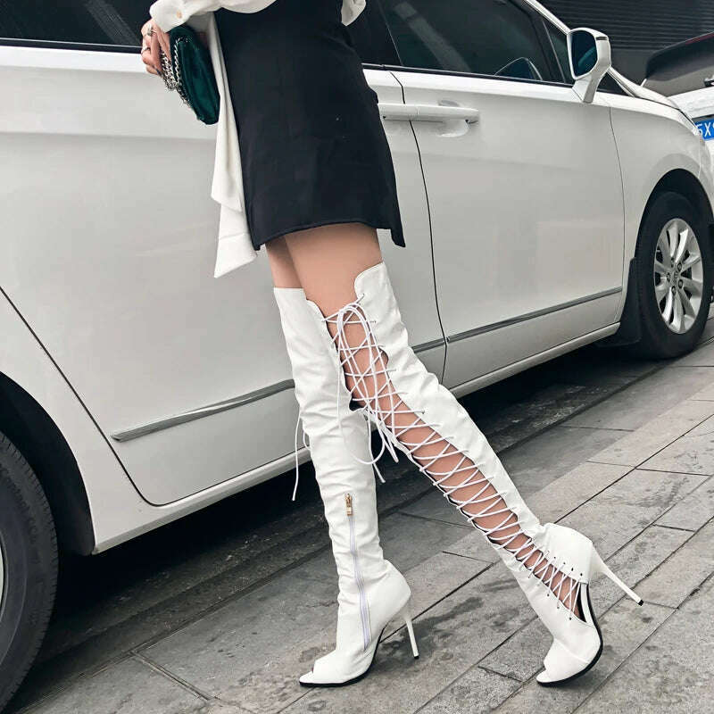 KIMLUD, Sexy  women knee high boots hollow out summer bootsribbon lace up thigh high boot out strappy gladiator heels, KIMLUD Womens Clothes