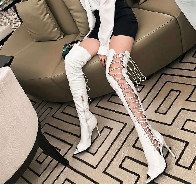 Sexy women knee high boots hollow out summer bootsribbon lace up thigh high boot out strappy gladiator heels - KIMLUD