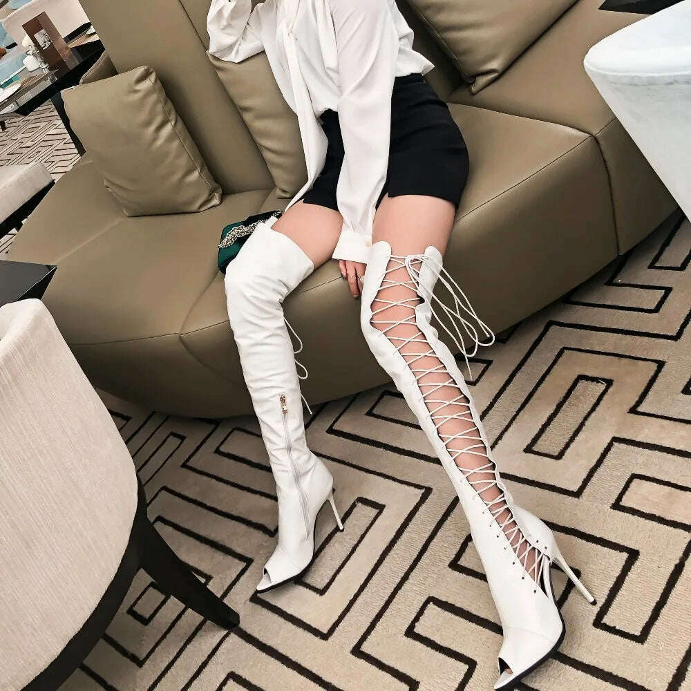 KIMLUD, Sexy  women knee high boots hollow out summer bootsribbon lace up thigh high boot out strappy gladiator heels, KIMLUD Womens Clothes