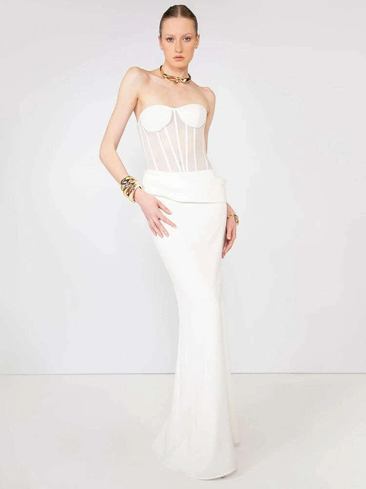 Sexy Women Two Piece Set Mesh Patchwoek Strapless Crop Top + Pleated Folds Slim Long Skirts Women's Sets Evening Party Suits