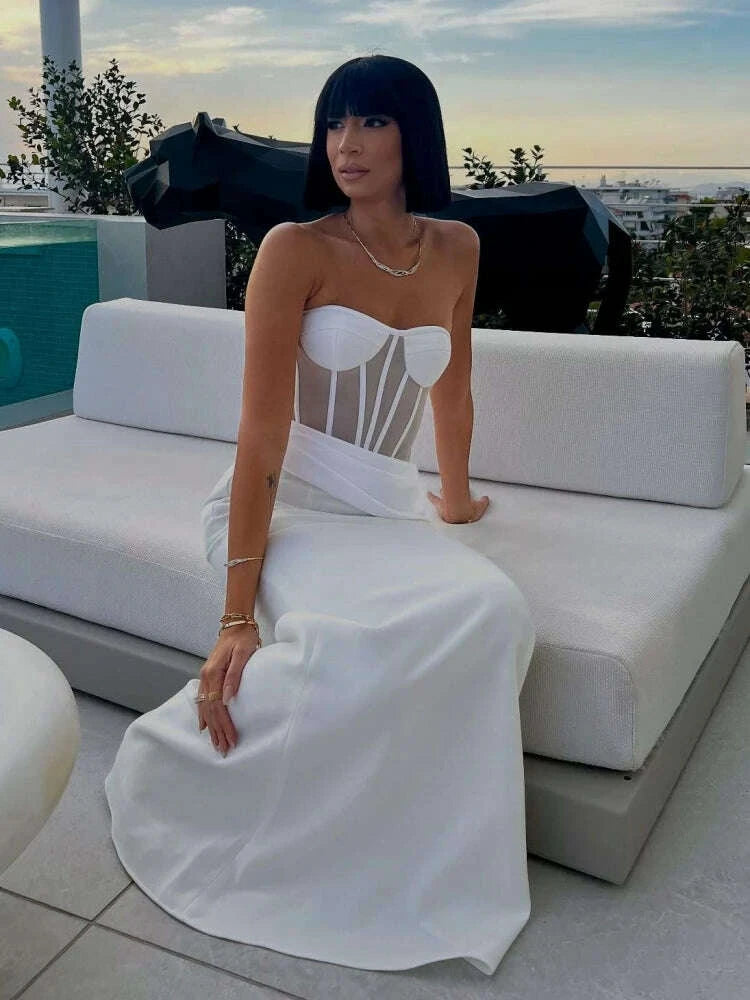 Sexy Women Two Piece Set Mesh Patchwoek Strapless Crop Top + Pleated Folds Slim Long Skirts Women's Sets Evening Party Suits