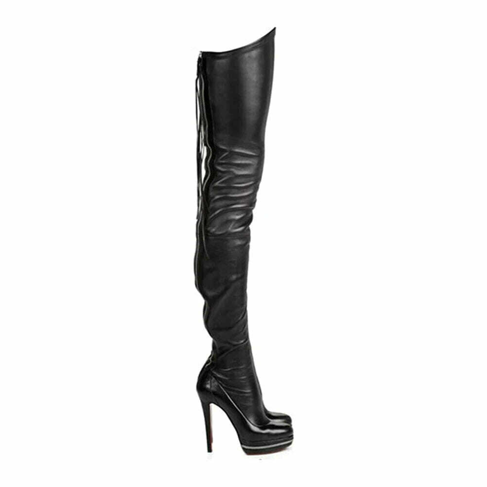 KIMLUD, Sexy Women's Over The Knee Boots Round Toe Zipper Platform Boots Punk Lace Up Thigh High Boots Plus Size 46 Pole Dance 15cm, KIMLUD Womens Clothes