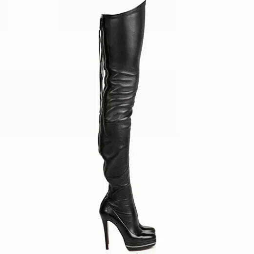 KIMLUD, Sexy Women's Over The Knee Boots Round Toe Zipper Platform Boots Punk Lace Up Thigh High Boots Plus Size 46 Pole Dance 15cm, KIMLUD Womens Clothes