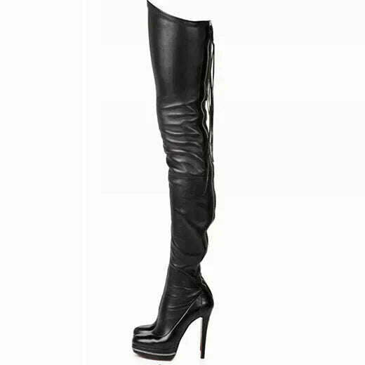 KIMLUD, Sexy Women's Over The Knee Boots Round Toe Zipper Platform Boots Punk Lace Up Thigh High Boots Plus Size 46 Pole Dance 15cm, KIMLUD Womens Clothes