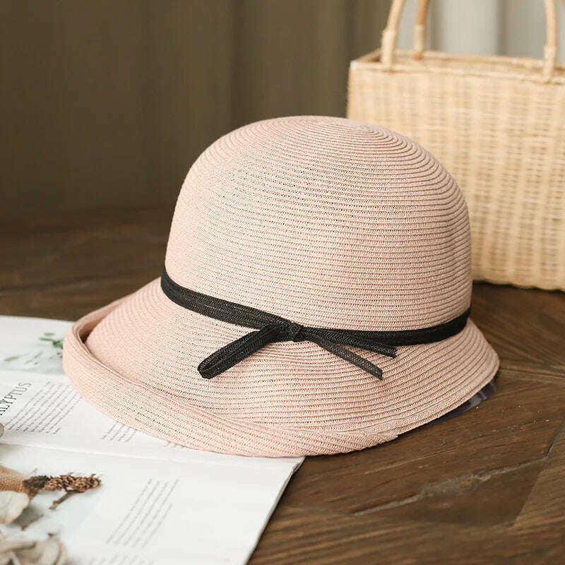 KIMLUD, Shade Straw Hat For Women Retro Foldable Pot Hat Literary Fisherman Hat Female Simple Sun Hat Casual Cool Hat, Pink, KIMLUD Womens Clothes