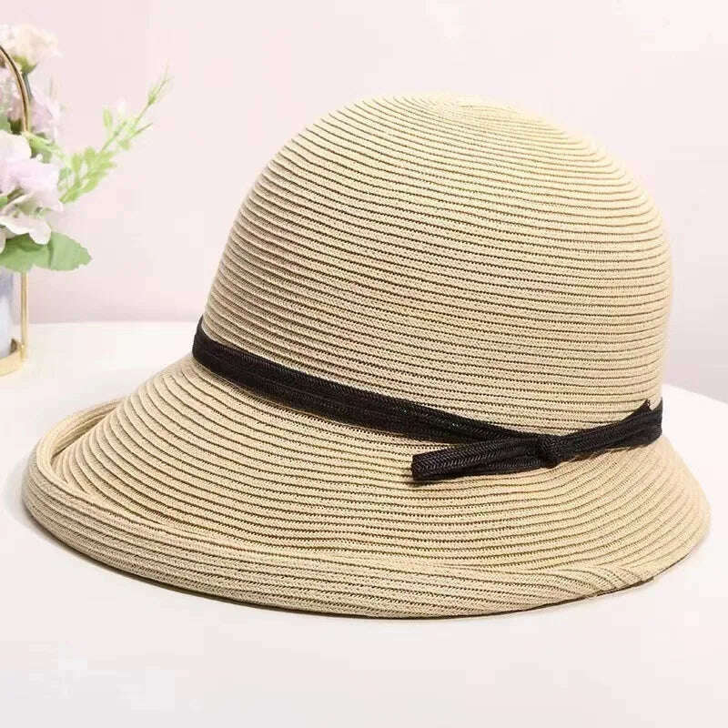 KIMLUD, Shade Straw Hat For Women Retro Foldable Pot Hat Literary Fisherman Hat Female Simple Sun Hat Casual Cool Hat, Beige, KIMLUD Womens Clothes