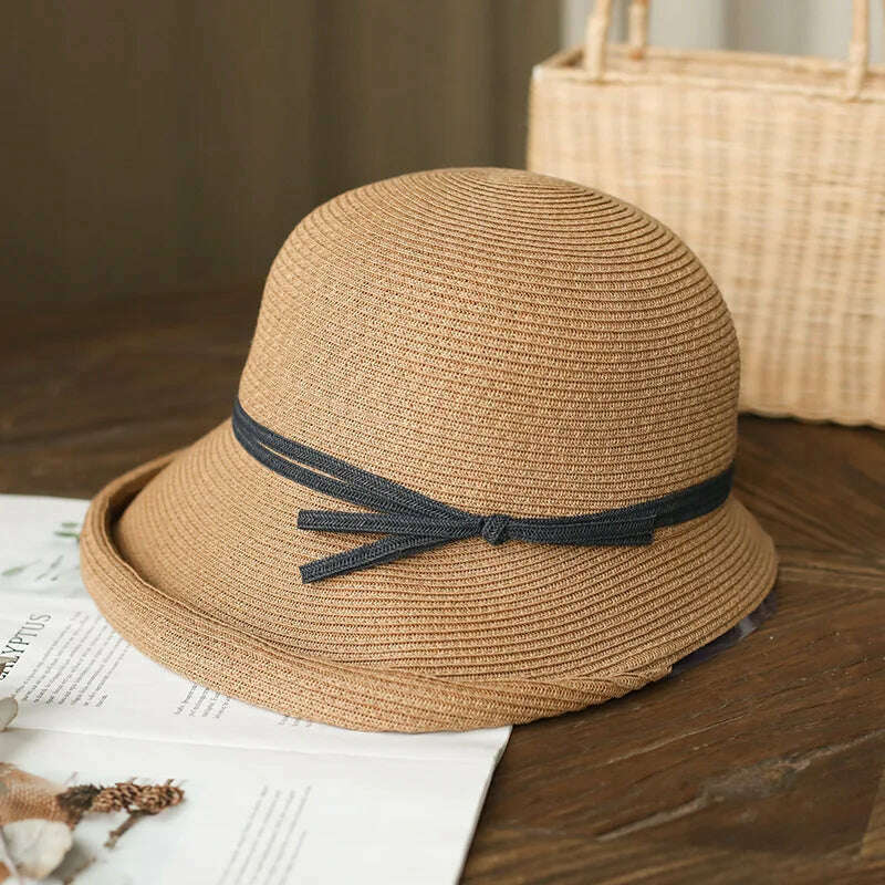 KIMLUD, Shade Straw Hat For Women Retro Foldable Pot Hat Literary Fisherman Hat Female Simple Sun Hat Casual Cool Hat, Brown, KIMLUD Womens Clothes
