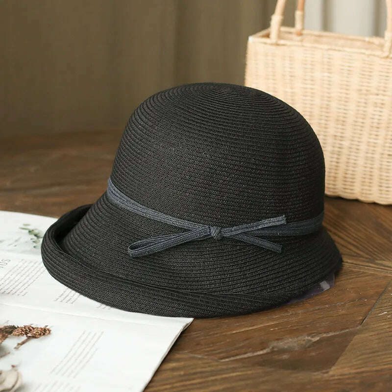 KIMLUD, Shade Straw Hat For Women Retro Foldable Pot Hat Literary Fisherman Hat Female Simple Sun Hat Casual Cool Hat, Black, KIMLUD Womens Clothes
