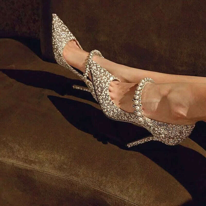 KIMLUD, Shallow Mouth Women's Single Shoes Spring and Autumn 2023 New High Heel Muller Pointed Fashion Pearl Rhinestone Mary Jane Shoes, KIMLUD Womens Clothes