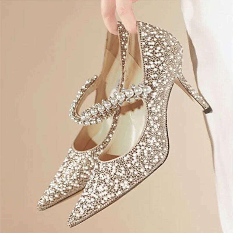 KIMLUD, Shallow Mouth Women's Single Shoes Spring and Autumn 2023 New High Heel Muller Pointed Fashion Pearl Rhinestone Mary Jane Shoes, KIMLUD Women's Clothes