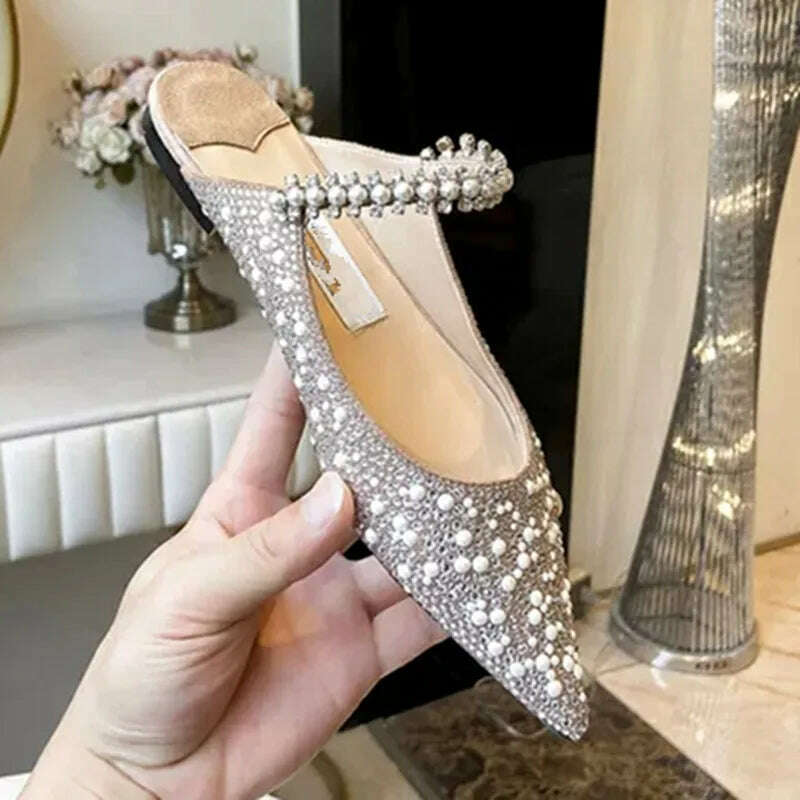 KIMLUD, Shallow Mouth Women's Single Shoes Spring and Autumn 2023 New High Heel Muller Pointed Fashion Pearl Rhinestone Mary Jane Shoes, champagne drag1cm / 34 / CHINA, KIMLUD Women's Clothes