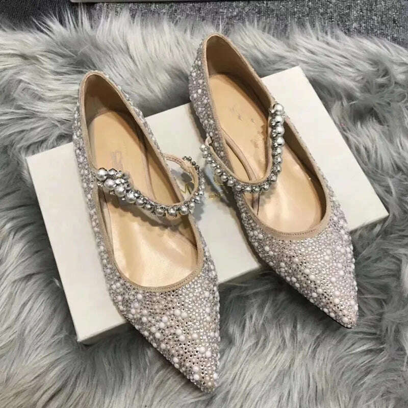 KIMLUD, Shallow Mouth Women's Single Shoes Spring and Autumn 2023 New High Heel Muller Pointed Fashion Pearl Rhinestone Mary Jane Shoes, champagne1cm / 40 / CHINA, KIMLUD Women's Clothes