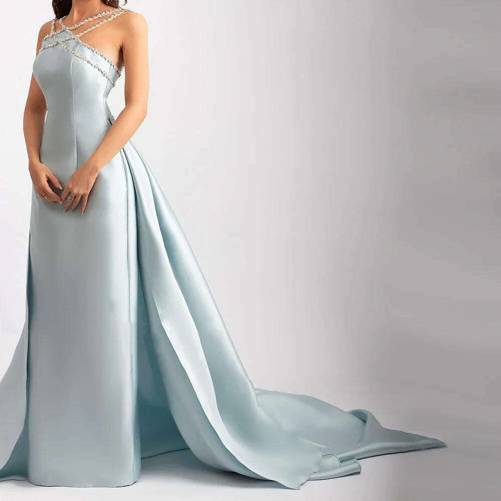 KIMLUD, Sharon Said Elegant Light Blue Satin Arabic Evening Dress for Women Weding Overskirt Formal Party Gowns SF048 Customized, KIMLUD Womens Clothes