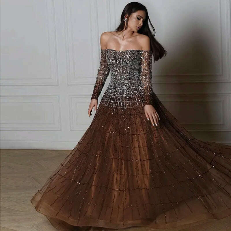 Sharon Said Luxury Dubai Brown Off Shoulder Evening Dresses Long Sleeve Elegant Arabic Women Wedding Party Dress Prom Gown SS022 - KIMLUD