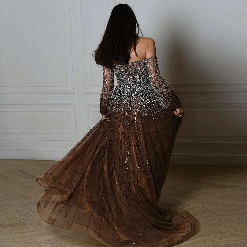 Sharon Said Luxury Dubai Brown Off Shoulder Evening Dresses Long Sleeve Elegant Arabic Women Wedding Party Dress Prom Gown SS022 - KIMLUD