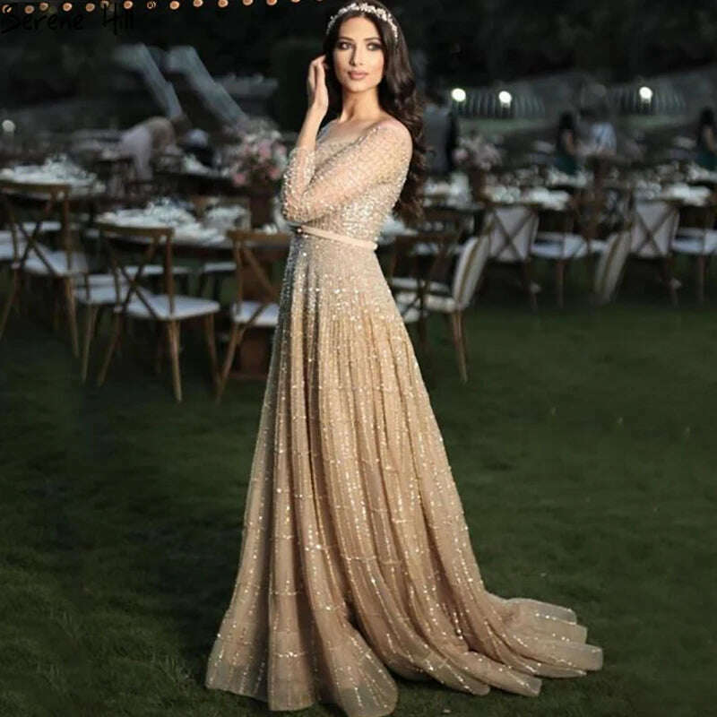 KIMLUD, Sharon Said Luxury Dubai Brown Off Shoulder Evening Dresses Long Sleeve Elegant Arabic Women Wedding Party Dress Prom Gown SS022, Gold / 2, KIMLUD Womens Clothes