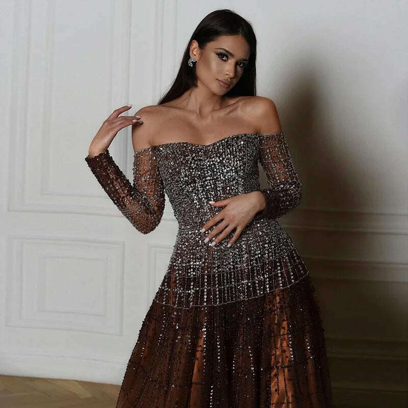 Sharon Said Luxury Dubai Brown Off Shoulder Evening Dresses Long Sleeve Elegant Arabic Women Wedding Party Dress Prom Gown SS022 - KIMLUD